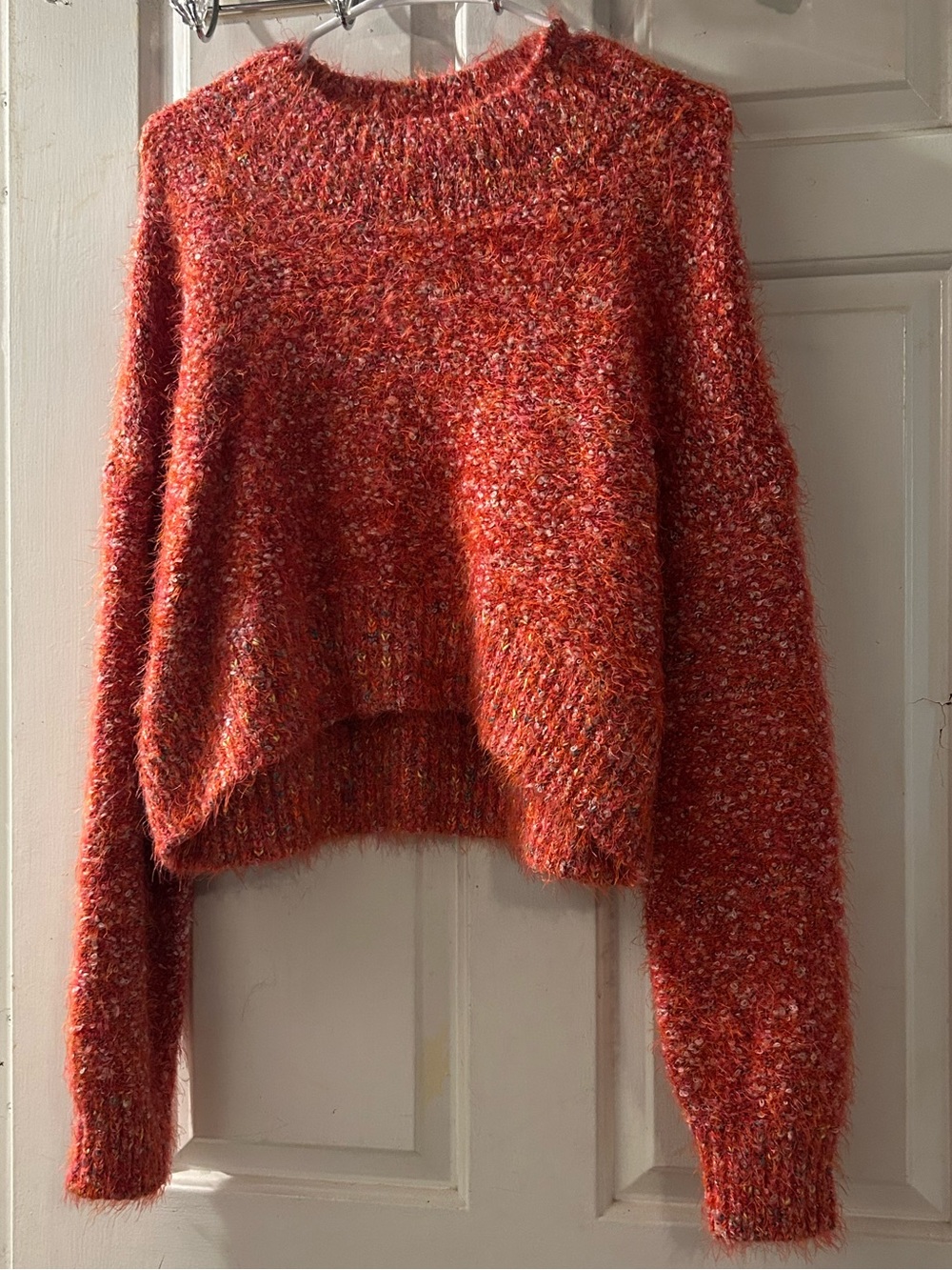 Free People Red Multicolor Crop Crew Sweater
